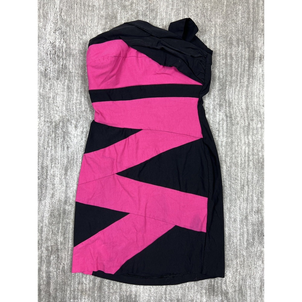 By Rox Dress Womens 7‎ Black Pink One Shoulder Colorblock Bodycon Mini Y2K Party